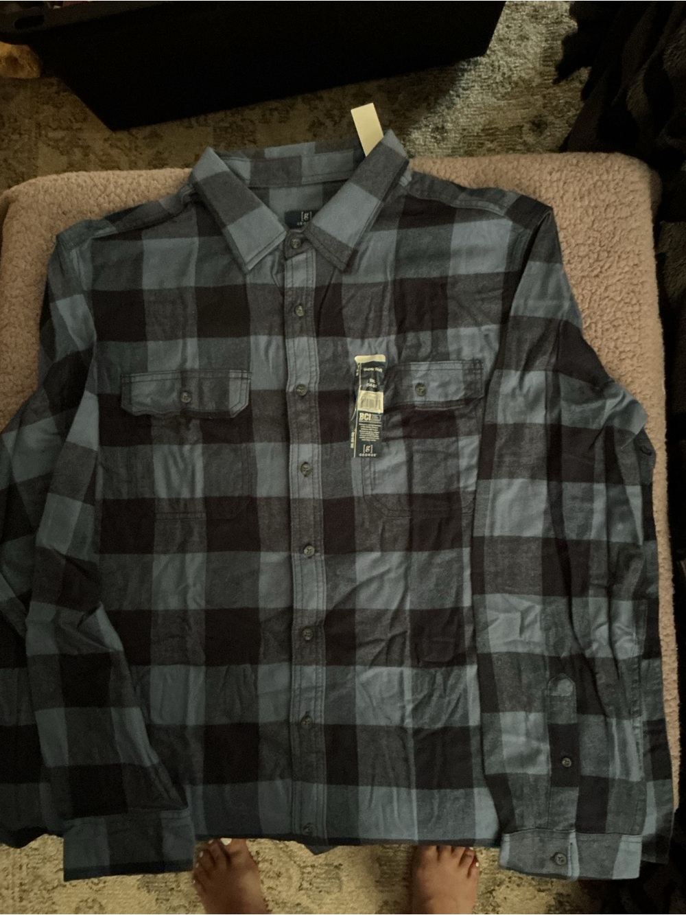 George Men's Blue and Black Plaid Button-Down Shirt